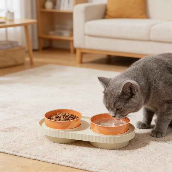 Byujiro Double Pet Bowls Anti-Tipping Color-Block Cat Feeding & Watering Set, Non-Slip Base, Easy-Clean Food & Water Combo for Cats & Small Dogs