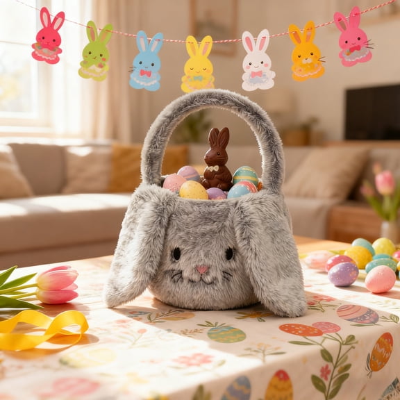 Byujiro Easter Bunny Plush Basket Soft Furry Treat Bag for Easter Egg Hunts, Ideal for Kids’ Party Supplies, Candy Gifts & Spring Holiday Decor, Reusable Tote