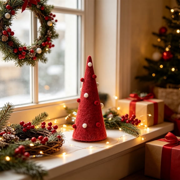 Byujiro Felt Christmas Tree Tabletop Decoration 12.2 Inch Freestanding Cone Ornament with Pom Poms for Shelf Mantel and Desk Display