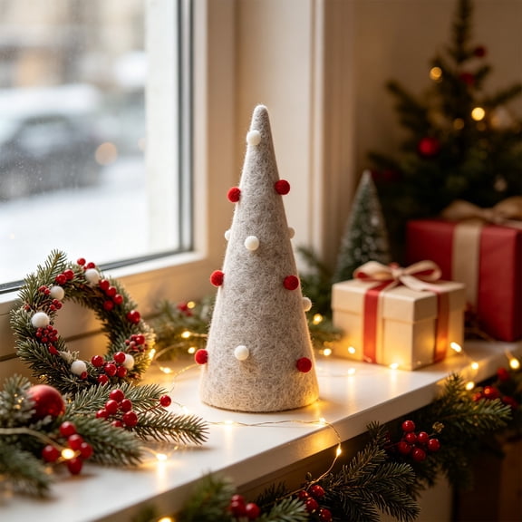 Byujiro Felt Christmas Tree Tabletop Decoration 12.2 Inch Freestanding Cone Ornament with Pom Poms for Shelf Mantel and Desk Display