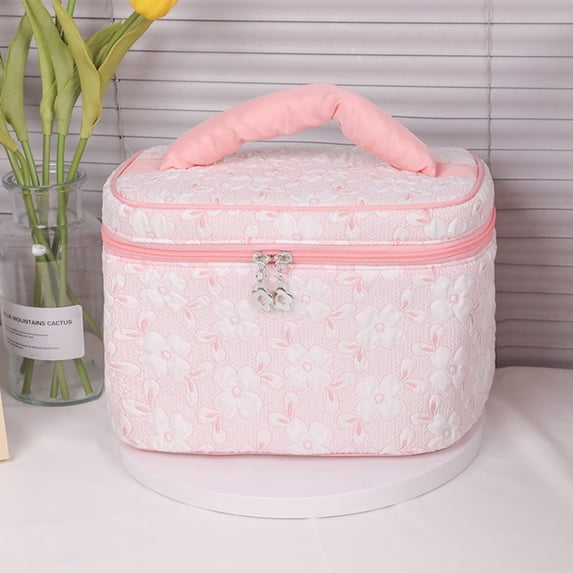 Byujiro Floral Embossed Travel Makeup Case Large-Capacity Portable Cosmetic Organizer with Top Handle Zippered Toiletry Bag for Beauty Essentials