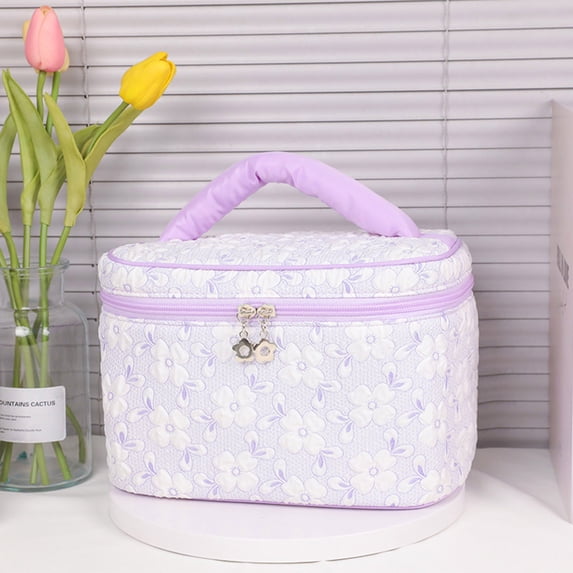Byujiro Floral Embossed Travel Makeup Case Large-Capacity Portable Cosmetic Organizer with Top Handle Zippered Toiletry Bag for Beauty Essentials