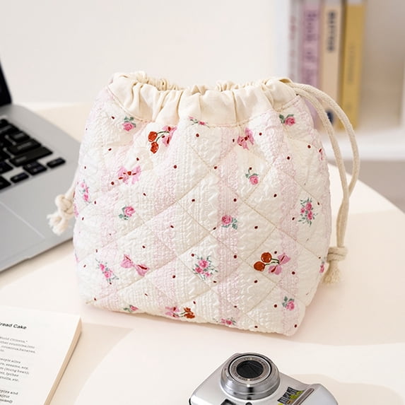 Byujiro Floral Quilted Drawstring Cosmetic Pouch Lightweight Printed Storage Bag Portable Makeup Organizer for Travel & Daily Use