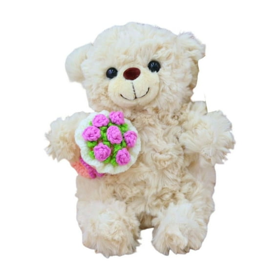 Byujiro Flower-Holding Teddy Bear Plush Pillow Romantic Cushion for Valentine's Day, Home Decor & Thoughtful Gifts, Soft & Cuddly