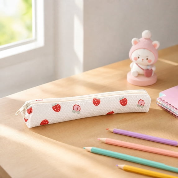 Byujiro Fruit Print Quilted Slim Pencil Case Mini Long Zipper Stationery Pouch Narrow Lightweight Pen Storage Holder Cute Aesthetic Student Desk Organizer Portable Pocket Size Accessory Bag