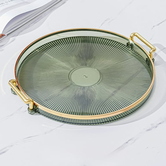Byujiro Gold-Rimmed Round Tray with Dual Handles for Serving Drinks, Appetizers & Decor, Stylish for Coffee Tables, Vanities & Party Hosting