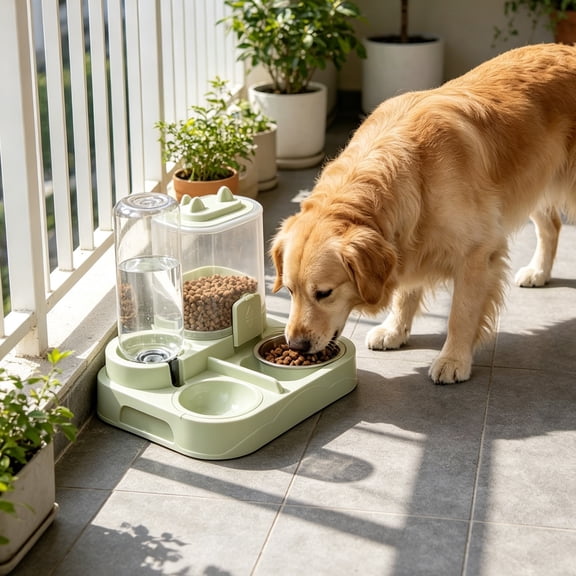 Byujiro Gravity Automatic Pet Feeder & Water Dispenser, 2-in-1 Cat & Dog Food Bowl with Built-in Waterer, Leak-Proof, Non-Slip Base, Easy Refill