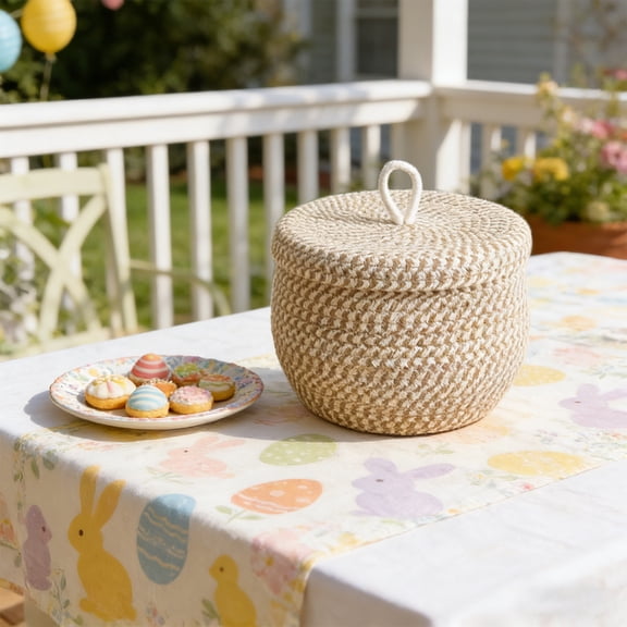 Byujiro Handwoven Cotton Rope Storage Basket with Lid, Round Lidded Organizer for Blankets, Toys & Home Essentials, Decorative & Soft for Living Room
