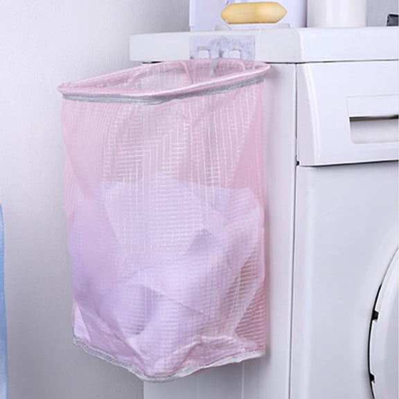 Byujiro Hanging Mesh Laundry Hamper Breathable Grid Net Dirty Clothes Storage Bag Punch-Free Wall Mount Garment Organizer Bin, Compact Foldable Space-Saving Tote for Washing Machine Side