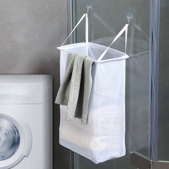 Byujiro Hanging Mesh Laundry Hamper Punch-Free Wall Mount Breathable Dirty Clothes Storage Basket Transparent Net Garment Organizer Bin Space Saving Wall Hanging Tote for Shower, Bathroom
