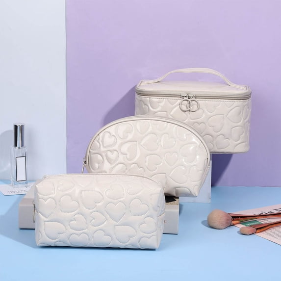 Byujiro Heart-Embossed 3-Piece Cosmetic Bag Set Portable Travel Toiletry Organizer Cute Waterproof Makeup Pouches for Women