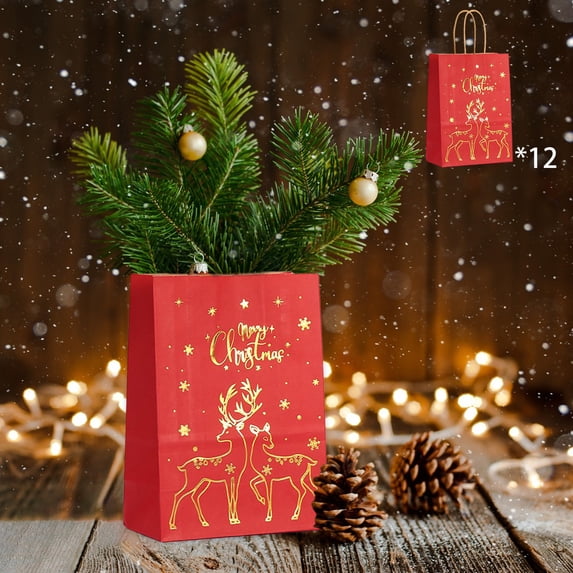 Byujiro Kraft Gift Bags 12's Portable Shopping Bags Tote Bags Stamping Christmas Paper Bags Party Gift Wrapping Bags