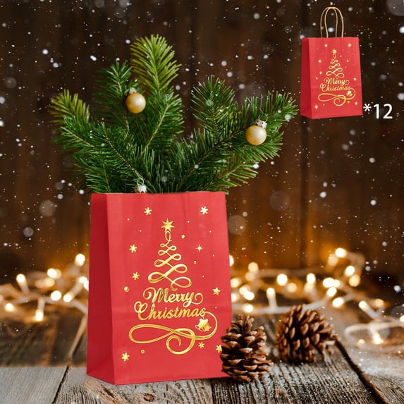 Byujiro Kraft Gift Bags 12's Portable Shopping Bags Tote Bags Stamping Christmas Paper Bags Party Gift Wrapping Bags