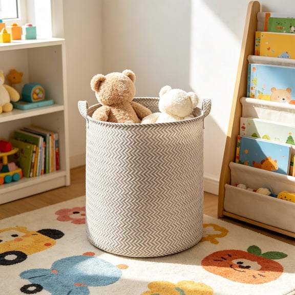 Byujiro Laundry Storage Basket 13.78x13.78x16.93 Inch Large Cylindrical Organizer Bin with Dual Carry Handles, Foldable Container Multipurpose Holder for Dirty Garments, Plush Toys, Blankets