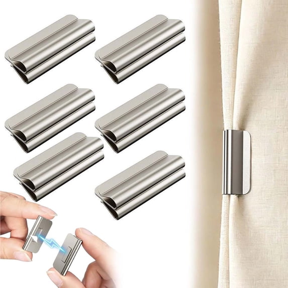 Byujiro Magnetic Metal Curtain Clips 6 Pack, Self-Adhesive No Drill Strong Magnet Drape Holdbacks, Reusable Blackout Window Curtain Binding Buckles, Sleek Minimalist Curtain Fastener Hardware