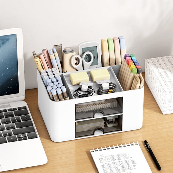 Byujiro Multi-compartment Desk Organizer with Clear Pull-out Drawers, Split Open Slots Stationery Storage Caddy, Multipurpose Desktop Pen Holder for Student & Office Use