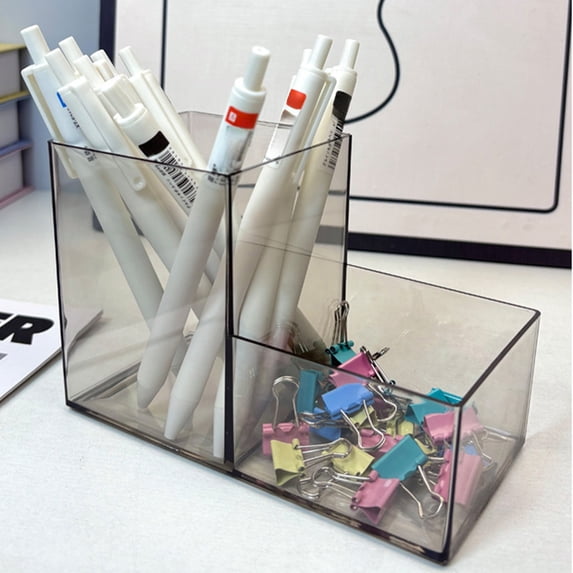 Byujiro Multi-height Divided Clear Plastic Pen Holder, Tiered Compartment Desktop Stationery Organizer, Open Grid Transparent Desk Caddy for Gel Pens, Highlighters, Office Small Supplies