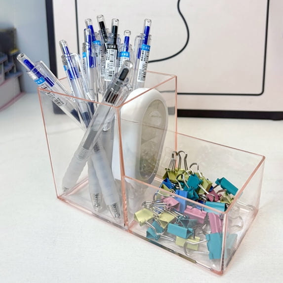 Byujiro Multi-height Divided Clear Plastic Pen Holder, Tiered Compartment Desktop Stationery Organizer, Open Grid Transparent Desk Caddy for Gel Pens, Highlighters, Office Small Supplies