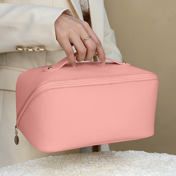 Byujiro PU Leather Cosmetic Organizer Large-Capacity Portable Travel Toiletry Bag with Top Handle, Elegant Zippered Makeup Case for Women