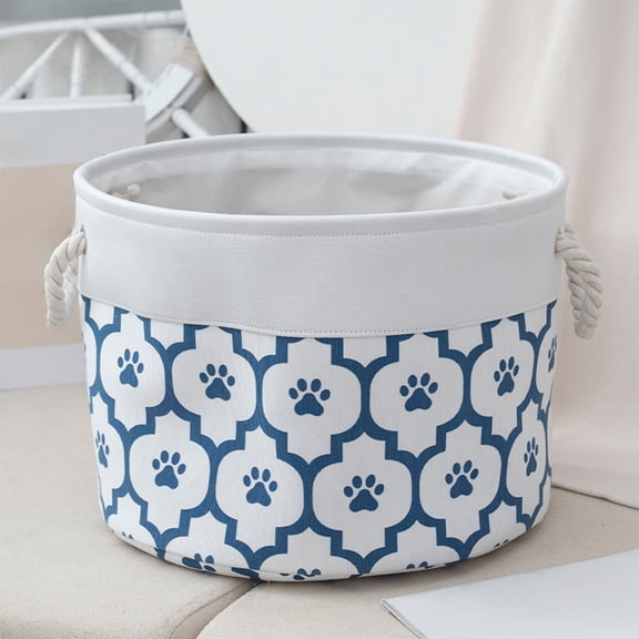 Byujiro Paw Print Pattern Fabric Storage Basket Round Collapsible Freestanding Organizer Bin with Dual Carry Handles, Foldable Tote Multipurpose Caddy for Pet Toys, Dirty Laundry, Blankets