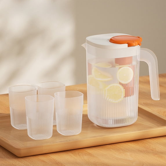 Byujiro Plastic Water Pitcher & 4-Cup Set, Portable for Iced Tea, Water, Home & Outdoor