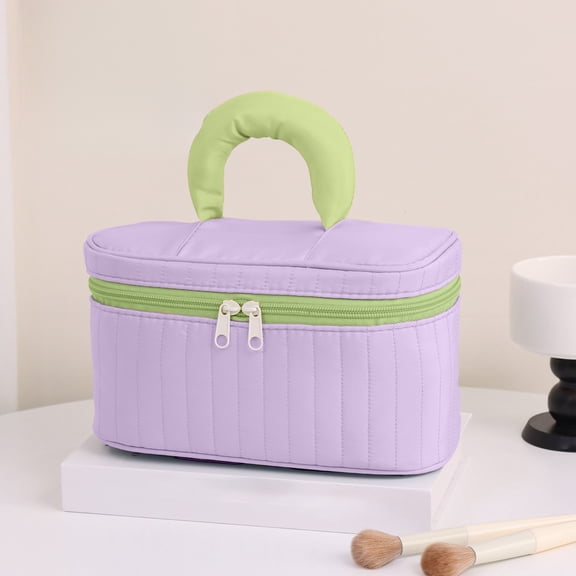 Byujiro Quilted Handle Makeup Case Travel Toiletry Organizer with Brush Compartments, Cute Padded Cosmetic Bag for Teens & Girls
