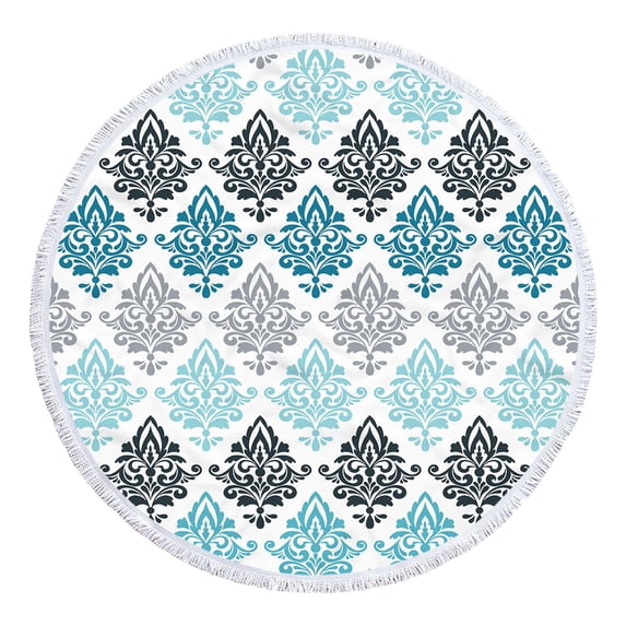 Byujiro Round Printed Beach Towel 60" Diameter Microfiber Roundie Beach Blanket Vintage Damask Pattern Soft Lightweight Quick Dry Sand Free Towel, Versatile as Shawl & Picnic Mat for Beach