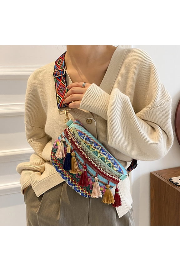 Shoulder Bag for Women Traditional Fringe Woven Shoulder Bag-Women's Ethnic Waist Pack Tribal Print Crossbody Purse Chest Bag
