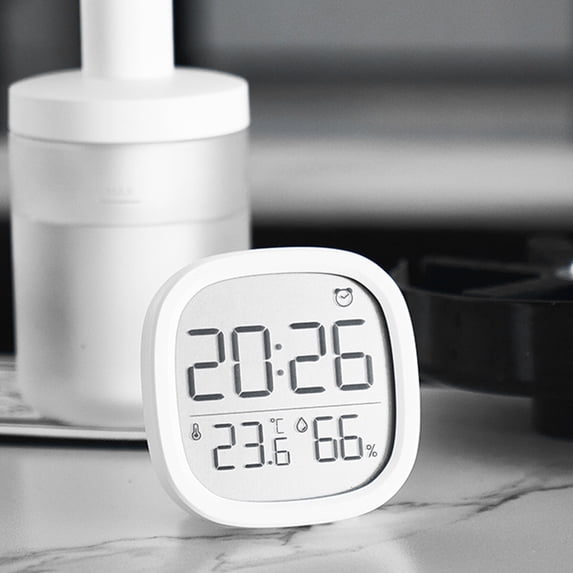 Byujiro Slim Magnetic LCD Thermometer Hygrometer Alarm Clock, Multi Function Digital Clock with Fahrenheit & Celsius Readout, Wall Mount & Standable Small Clock for Bathroom Bedroom Indoor