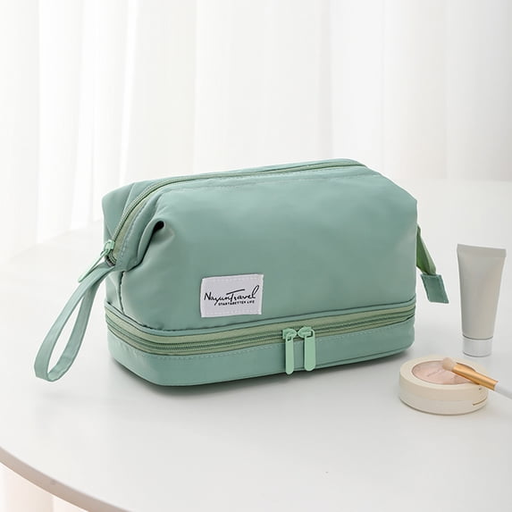 Byujiro Small Double-Layer Travel Cosmetic Pouch Dual-Zip Compact Makeup Organizer Portable Lightweight Toiletry Bag with Wrist Strap for Daily & Trips