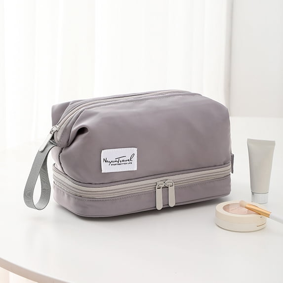 Byujiro Small Double-Layer Travel Cosmetic Pouch Dual-Zip Compact Makeup Organizer Portable Lightweight Toiletry Bag with Wrist Strap for Daily & Trips