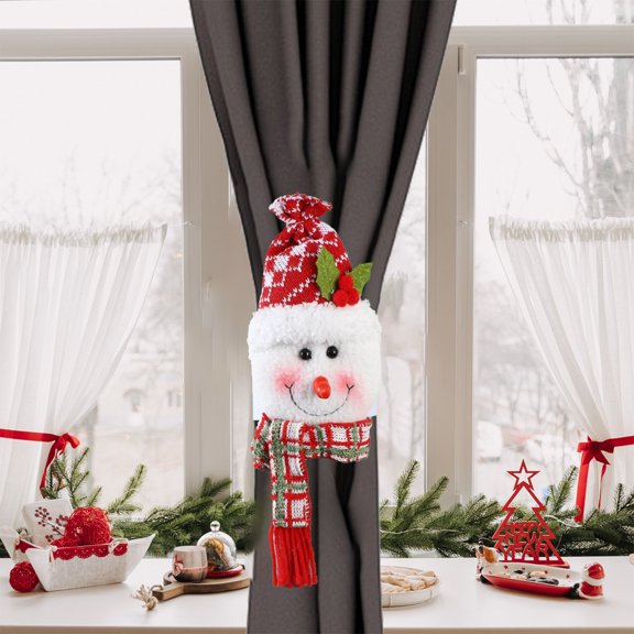 Byujiro Snowman Curtain Tie Back Hugger, Knitted Hat Scarf Xmas Drape Binding Strap, Cartoon Plush Window Curtain Holder, Festive Fabric Window Dressing Accessory