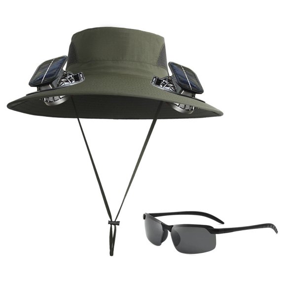 Byujiro Solar Powered Fan Hat with Sunglasses, Detachable Sun Hat with Cooler Fan & Glasses, Outdoor Cooling Bucket Hat for Gardening, Hiking & Beach