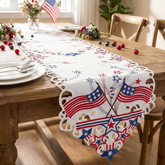 Byujiro Table Runner 16"×71" American Flag & Star Embroidered Runner Lace Trimmed Independence Day Table Decor for Dining & Parties