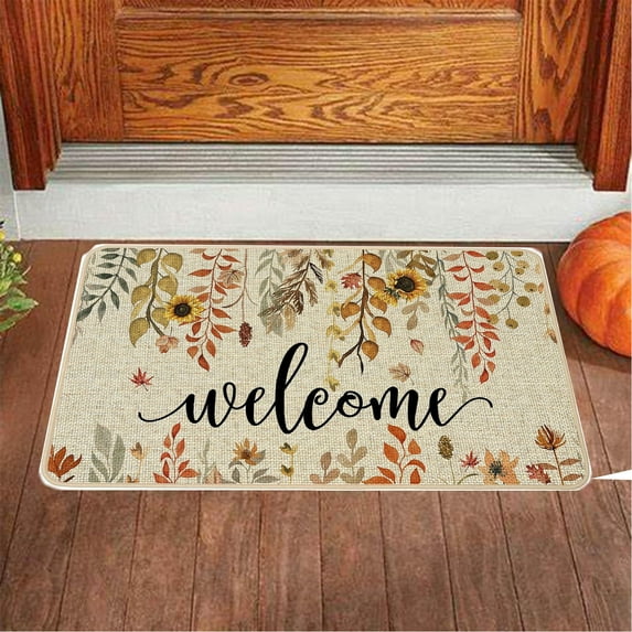 Byujiro Thanksgiving Decorations Pumpkin Maple Crystal Velvet Floor Mat Home Entrance Door Mat Thickened Foyer Floor Mat Pumpkin Decor