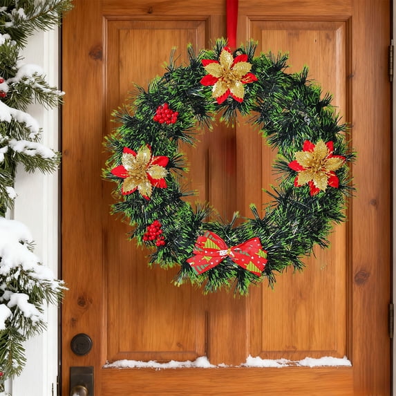 Byujiro Tinsel Artificial Christmas Wreath, Pre‑Decorated Hanging Wreath With Poinsettia, Berries & Bow, Front Door Wall Ornament for Porch, Entryway, Window, Mantel, Xmas Holiday Party Decoration