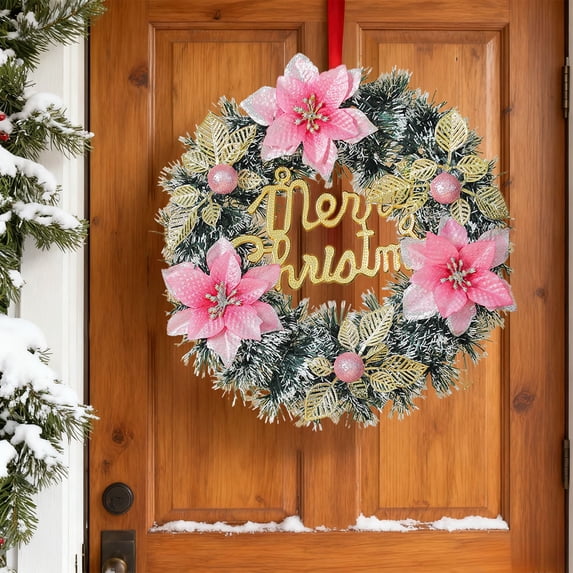 Byujiro Tinsel Artificial Christmas Wreath, Pre‑Decorated Hanging Wreath With Poinsettia, Berries & Bow, Front Door Wall Ornament for Porch, Entryway, Window, Mantel, Xmas Holiday Party Decoration