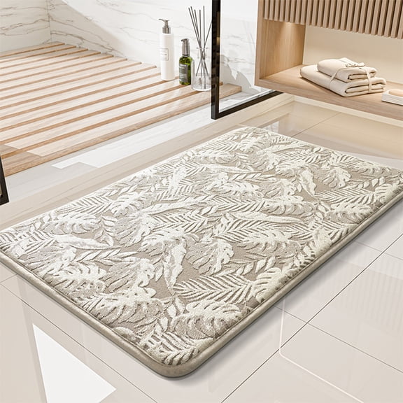 Byujiro Tropical Leaf Tufted Bath Mat Non Slip Absorbent Botanical Bathroom Rug Soft Plush Palm Leaf Pattern Floor Mat, Doormat for Shower, Entryway, 16"x24"