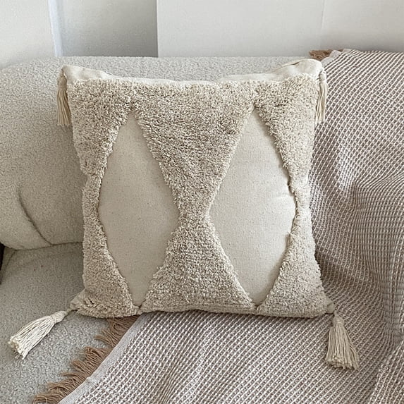 Byujiro Tufted Boho Throw Pillow Cover 17x17 Inch Textured Woven Cushion Case with Tassels and Hidden Zipper for Sofa Bedroom Living Room Farmhouse Decor