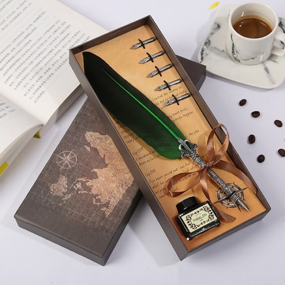 Byujiro Vintage Crown Feather Dip Pen Kit, Classic Calligraphy Pen with Extra Nibs, Antique Map Style Packaging for Gifts & Collectors