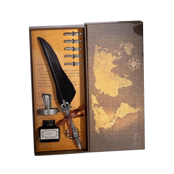 Byujiro Vintage Feather Dip Pen Set Antique Map Style Calligraphy Kit with Engraved Base, Ink Bottle & Nibs, Complete Gift Set for Writers & Collectors