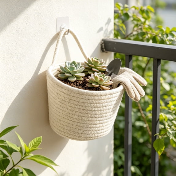 Byujiro Wall Hanging Cotton Rope Storage Basket Small Woven Hanging Organizer Bin with Single Carry Strap Multipurpose Holder for Vanity Cosmetics, Snack Packs, Entryway Keys