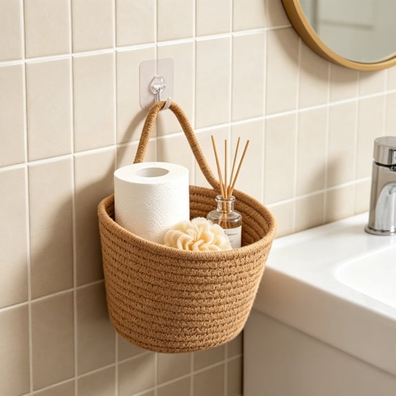 Byujiro Wall Hanging Cotton Rope Storage Basket Small Woven Hanging Organizer Bin with Single Carry Strap Multipurpose Holder for Vanity Cosmetics, Snack Packs, Entryway Keys