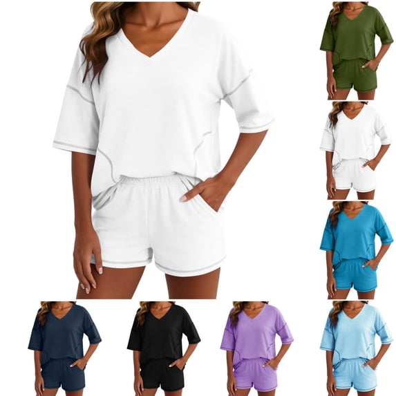 Byworldtasic 2 Piece Lounge Short Sets for Women Oversized Summer Outfit Casual Beach Vacation Airport Sets with Pockets