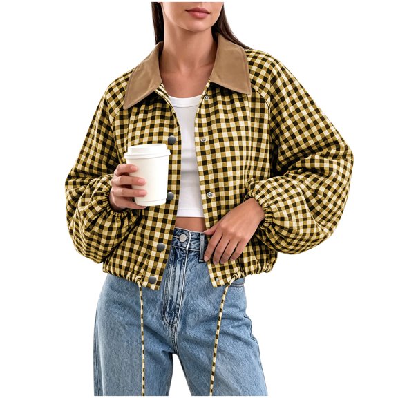 Byworldtasic BWomens Plaid Cropped Jacket Gingham Snap Button Shirt Jacket with Drawstring Hem Balloon Sleeves