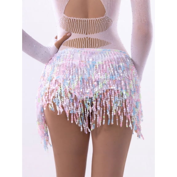 Byworldtasic Belly Dance Sequin Skirt for Women Tassel Hip Scarf Tiered Glittery Fringe Wrap Skirt Latin Dance Skirt