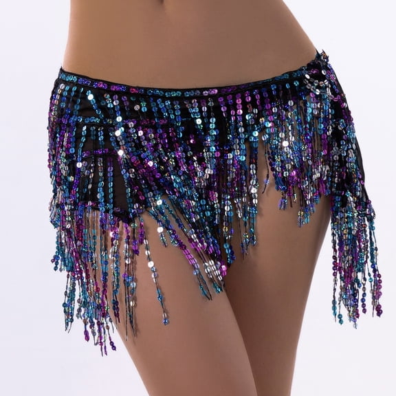 Byworldtasic Belly Dance Sequin Skirt for Women Tassel Hip Scarf Tiered Glittery Fringe Wrap Skirt Latin Dance Skirt
