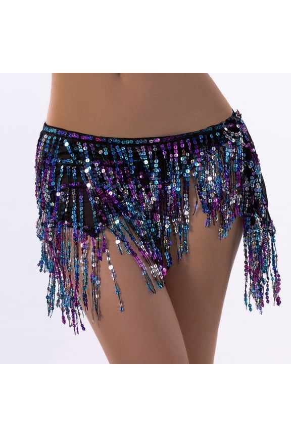 Belly Dance Sequin Skirt for Women Tassel Hip Scarf Tiered Glittery Fringe Wrap Skirt Latin Dance Skirt