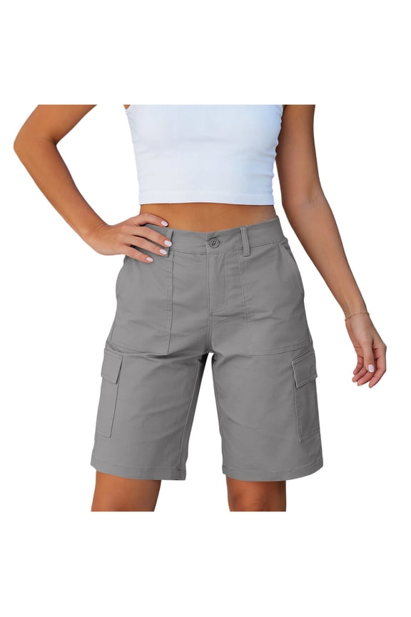 Bermuda Cargo Denim Shorts for Women Summer Casual Knee Length Elastic Waist Long Jorts with Pocket