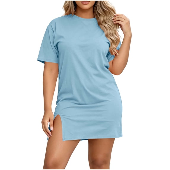 Byworldtasic Casual T-Shirt Dress for Women Short Sleeve Crew Neck Side Slit Loose Mini Dress